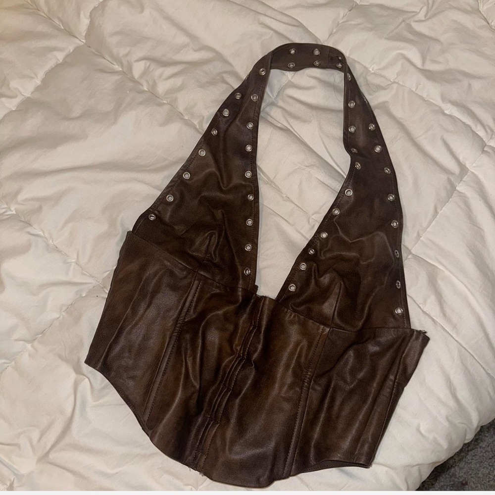 Brown faux leather corset top with studded detail. Size Large. Worn once